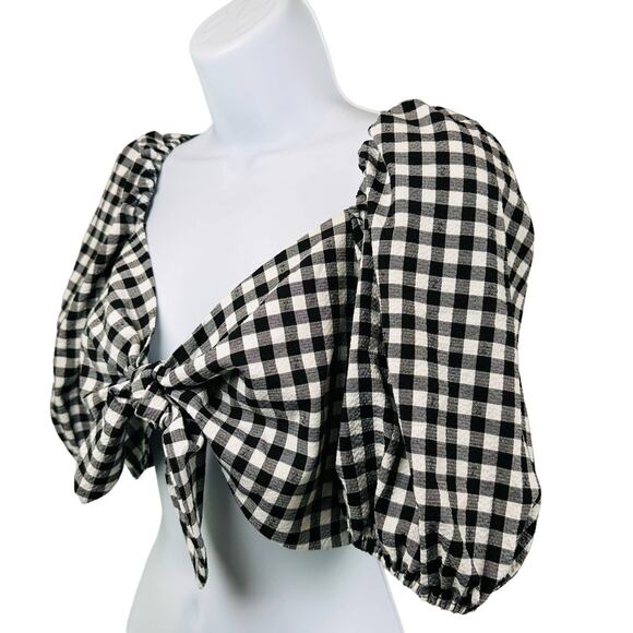 WAYF Womens SZ Large Black/White Buffalo Check Knot Front Linen Blend Crop Top - Picture 4 of 6